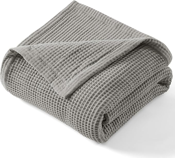 PHF 100% Cotton Waffle & Muslin Blanket Twin Size, Soft Breathable Luxury 400GSM Versatile Reversible Bedding for Bed, Great for Layering in Cold Weather, Home Decor Gift, 66" x 90", Frosted Grey