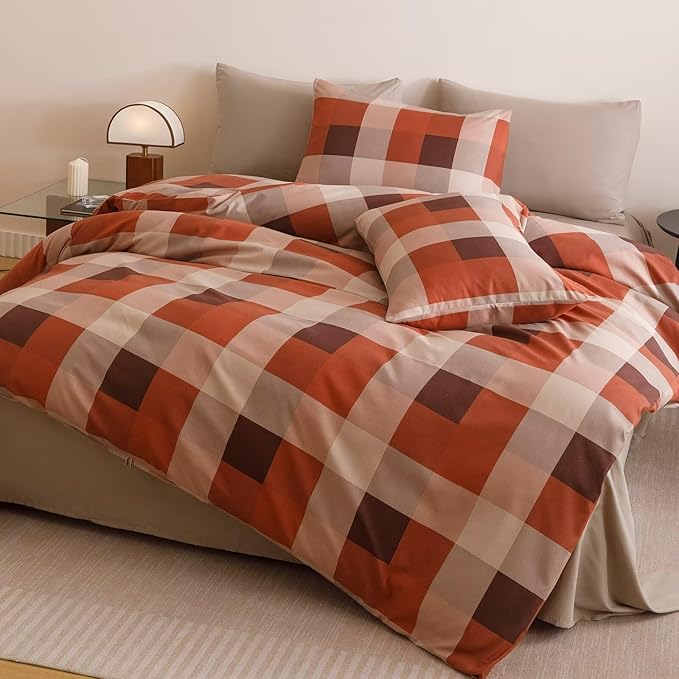 Cottonight Checkered Red Comforter Set Cal King Gingham Grid Bedding Set Red and Khaki Grid Comforter Fluffy Soft Blanket Quilts Modern Cottagecore Comforter California King Bed