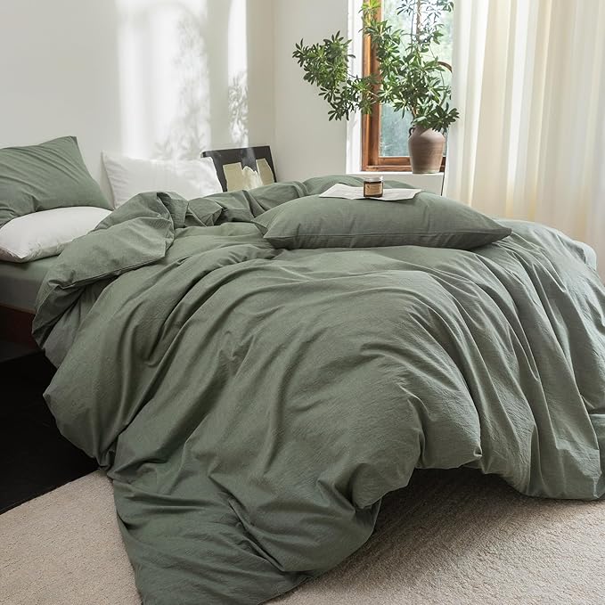 FOSSA Duvet Cover Set 100% Washed Cotton Linen Feel Super Soft Breathable Cozy Simple Style 3 Pieces Bedding Sets Solid Heathered Green Super King Plus