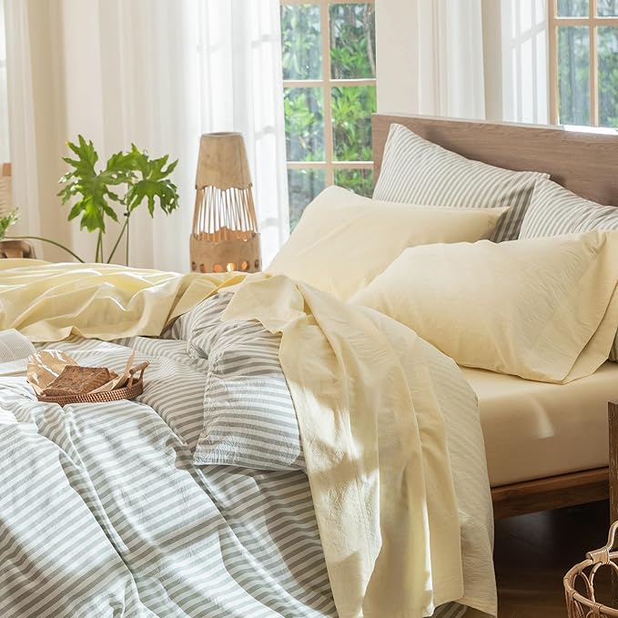 MooMee Bedding Sheet Set 100% Washed Cotton Linen Like Textured Breathable Durable Soft Comfy (Heathered Butter Yellow, Twin)