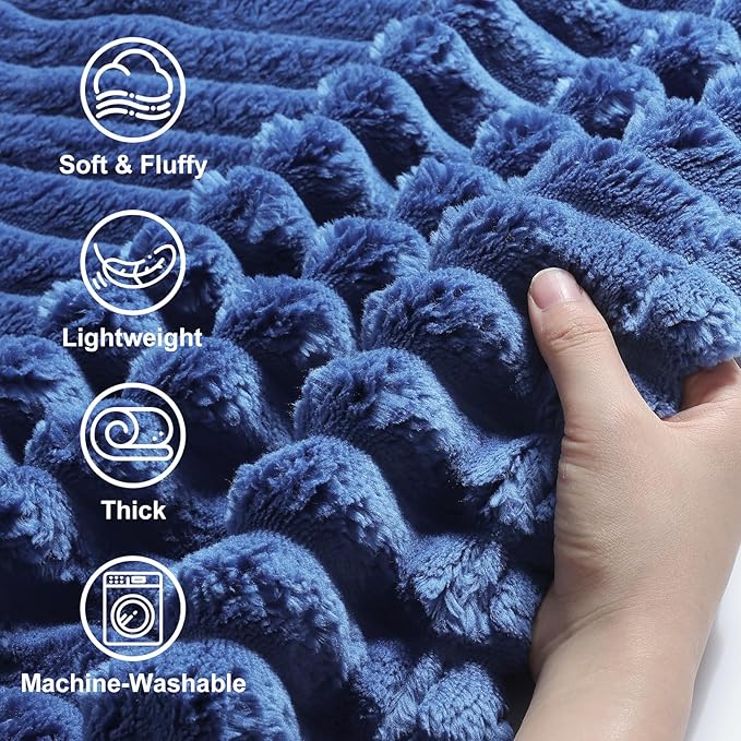 decorUhome Christmas Soft Fleece Navy Blue Throw Blanket for Couch, Cozy Fluffy Plush Flannel Striped Blanket for Sofa Bed, Lightweight Decorative Ribbed Fuzzy Blanket for Woman, 50x60 Inches