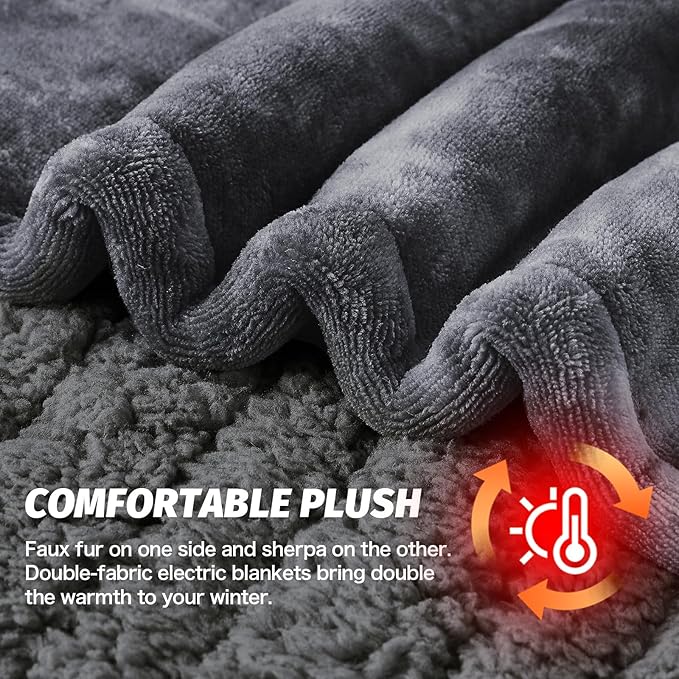 greenoak Heated Electric Blanket Throw, Faux Fur Sherpa Heating Blanket for Sofa Bed, Warm Winter Gift for Dad/Grandma, Heater Lap Blankets 5-Position Timer &10 Heating Levels 72''*84" Marble Grey