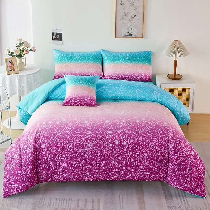 URBONUR 6Pcs Glitter Comforter Set for Girls Queen Size Gradient Tie Dye Purple Blue Bedding Set Comforter with Sheet Set, Ultra Soft and Breathable Kids Bed Set for Teen Girl