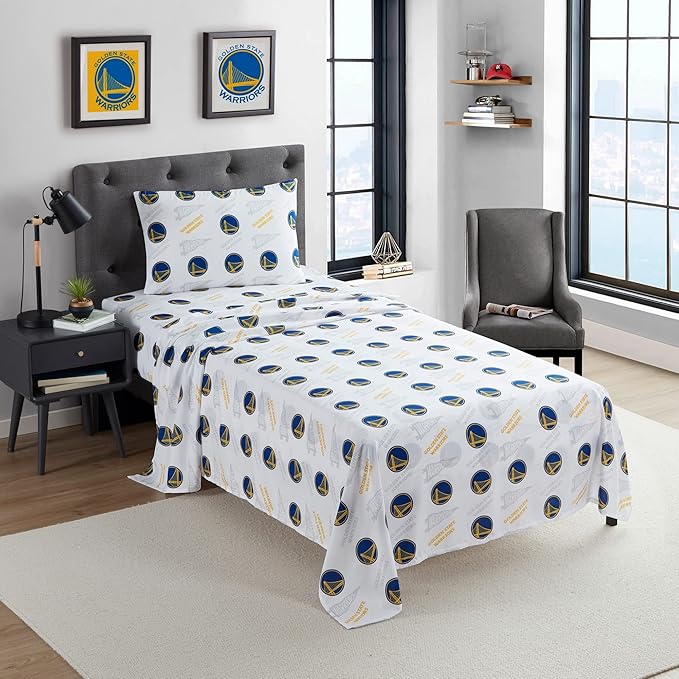 Officially Licensed Golden State Warriors NBA Twin Size Sheet Set – Soft Team Logo Bedding for Dorms, Bedrooms, Fan Caves & Game Day Style