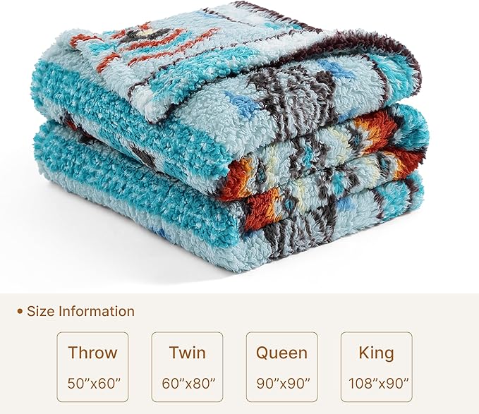 CASAAGUSTO Boho Sherpa Throw Blanket, Aztec King Size Blanket, Ultra Soft, Warm, Cozy, Plush, Thick Fleece Bohemian Throw Blanket for Couch, Bed, Sofa (Aqua 108 * 90 Inch)