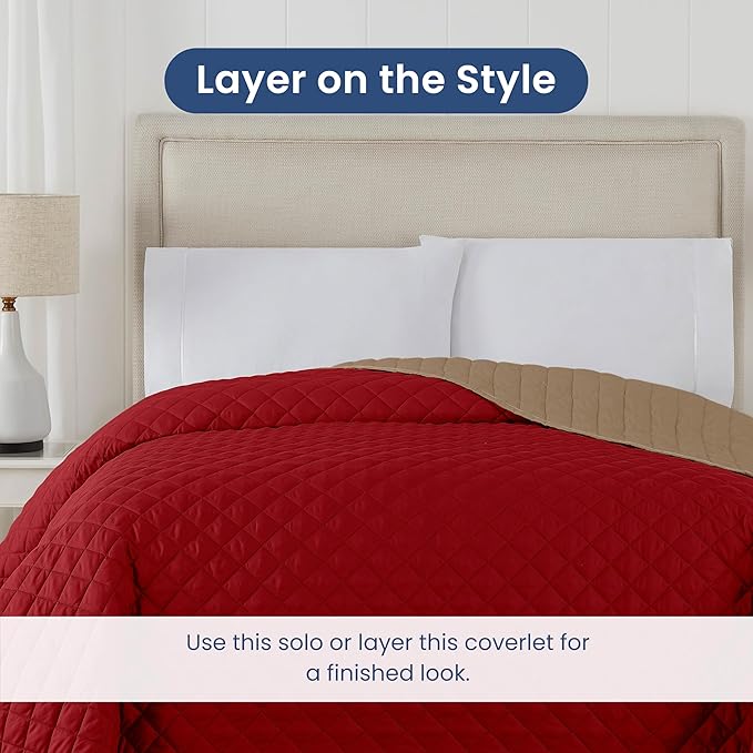 Martex Reversible Coverlet – Full Queen Size Quilt - Lightweight Full Size Bedding– Durable Queen Size Quilts for Bed – Soft - Easy Care Bedding – Khaki/Red