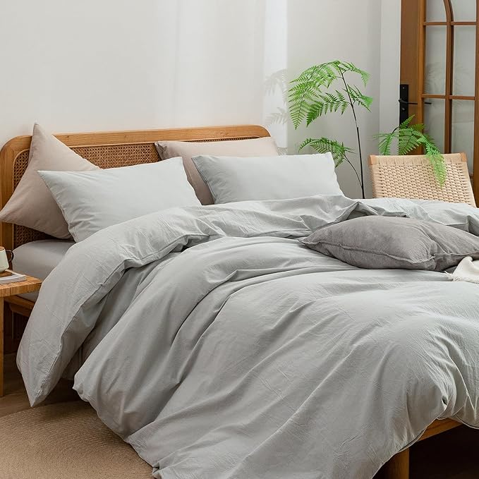 BESTOUCH Duvet Cover Set 100% Washed Cotton Linen Feel Super Soft Comfortable Chic Lightweight 3 PCs Home Bedding Set Solid Northern Droplet Grey Oversized King