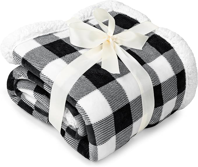 Pavilia Black White Buffalo Plaid Sherpa Bed Blanket Queen, Plush Checkered Fleece, Soft Fuzzy Flannel Large for Couch Sofa, Warm Heavy Thick Winter Gift, 90x90