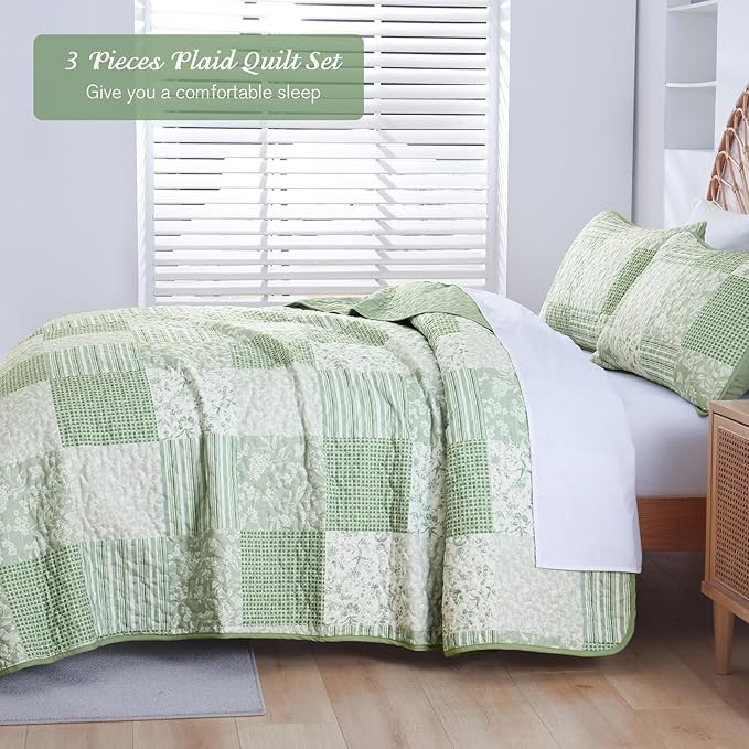 Mybedsoul Light Green Quilt Set Queen Size, 3 Pieces Plaid Floral Bedspread Set Patchwork Reversible Bedding Set Microfiber Lightweight Bedspread Coverlet Set for All Season 96"x90"