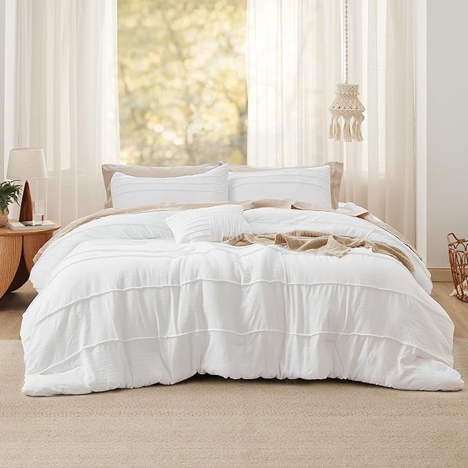 Bedsure King Comforter Set - 4 Pieces Pinch Pleat Bed Set, White Boho Bedding for All Season, 1 Soft Comforter, 2 Pillowcases, 1 Decorative Pillow