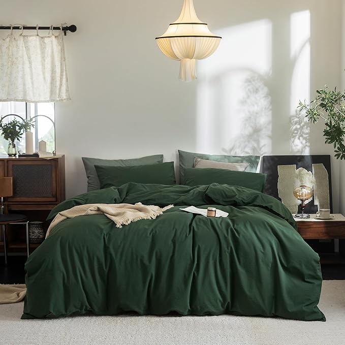 FOSSA Duvet Cover Set 100% Washed Cotton Linen Feel Super Soft Breathable Cozy 3 Pieces Bedding Sets Solid Forest Green Queen