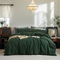 FOSSA Duvet Cover Set 100% Washed Cotton Linen Feel Super Soft Breathable Cozy 3 Pieces Bedding Sets Solid Forest Green Queen
