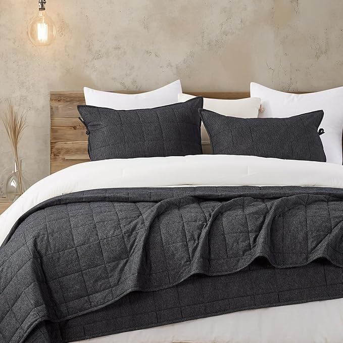 Midnight Pinstripe Quilts Queen Size, Cotton Queen Quilt Set Stone Washed with Black Stripe Bedding Coverlet Light Weight 3-Pieces with 2 Pillow Shams