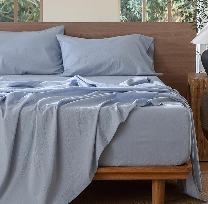 MooMee Bedding Sheet Set 100% Washed Cotton Linen Like Textured Breathable Durable Soft Comfy (Heathered Cornflower Blue, Queen)