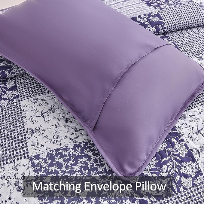 Mybedsoul Purple Quilt Set Full Size, 3 Pieces Plaid Floral Bedspread Set Patchwork Reversible Bedding Set Microfiber Lightweight Bedspread Coverlet Set for All Season 78"x90"