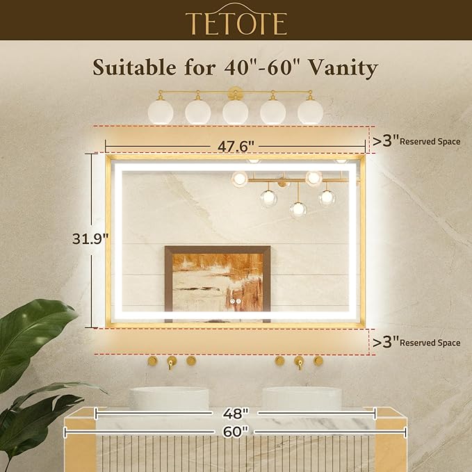 TETOTE 48 x 32 Bathroom LED Mirror Brushed Bright Nickel Metal Frame Frontlit & Backlit Vanity Mirror Stepless Dimmable Anti-Fog 3 Colors White/Warm/Natural Light up Vanity Mirror Wall-Mounted