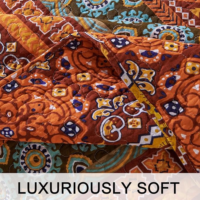 Cmfshape Orange Quilt Sets Bedspread Set 100% Cotton Boho Bedding Set, All Season Use Lightweight Reversible Coverlet Quilts with 2 Pillow Shams(King 106"x96")