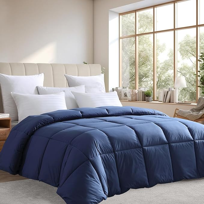 Farm To Home Luxury Comforter Organic Cotton All Season Fluffy Lightweight Down Alternative Machine Washable Comforter for Bedroom, King, Navy