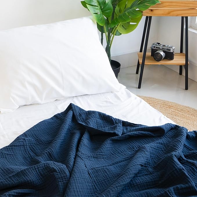 Salt Earth 100% Cotton Muslin Blanket, Gauze Blanket 80"X90" Queen, 4 Layered for Couch, Bed, Living Room,Lightweight & All Seasons Blankets & Throws, Easy to wash,Nature & Skin Friendly (Dress Blue)