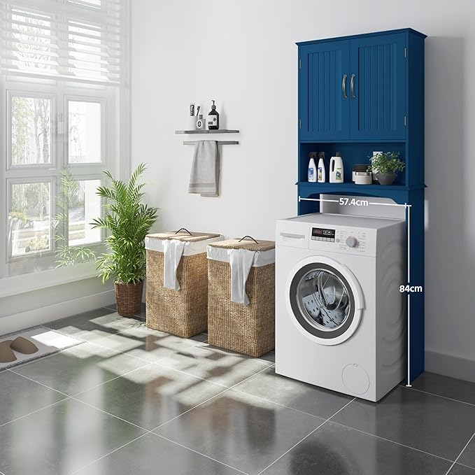 Yaheetech Over The Toilet Storage with 2 Doors & Adjustable Shelf, Free Standing Toilet Rack Wooden Space-Saving Collect Cabinet, Bathroom Furniture, L24.5xW9xH66 in, Navy Blue