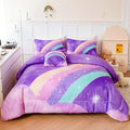 ANGIYUIN 6Pcs Gradient Purple Queen Size Comforter Set for Girls 3D Colorful Rainbow Galaxy Bed in A Bag Gradient Glitter Bedding Comforter Sets for All Season