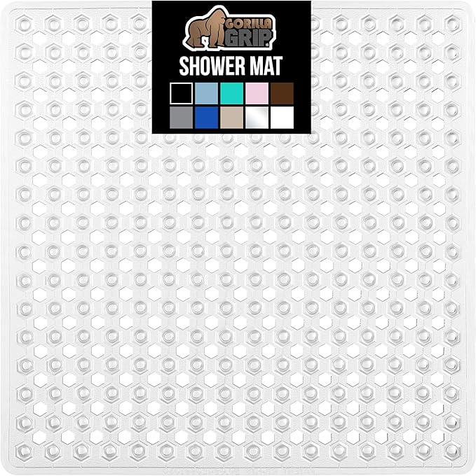 GORILLA GRIP Patented Square Shower Stall Mat, Small Bathtub Floor Mats for Stand Up Showers with Suction Cups and Drainage Holes, Machine Wash, Soft on Feet, Bathroom Accessories 21x21 Inch, Clear