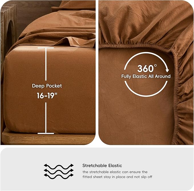MooMee Bedding Sheet Set 100% Washed Cotton Linen Like Textured Breathable Durable Soft Comfy (Solid Dark Orange, Full)