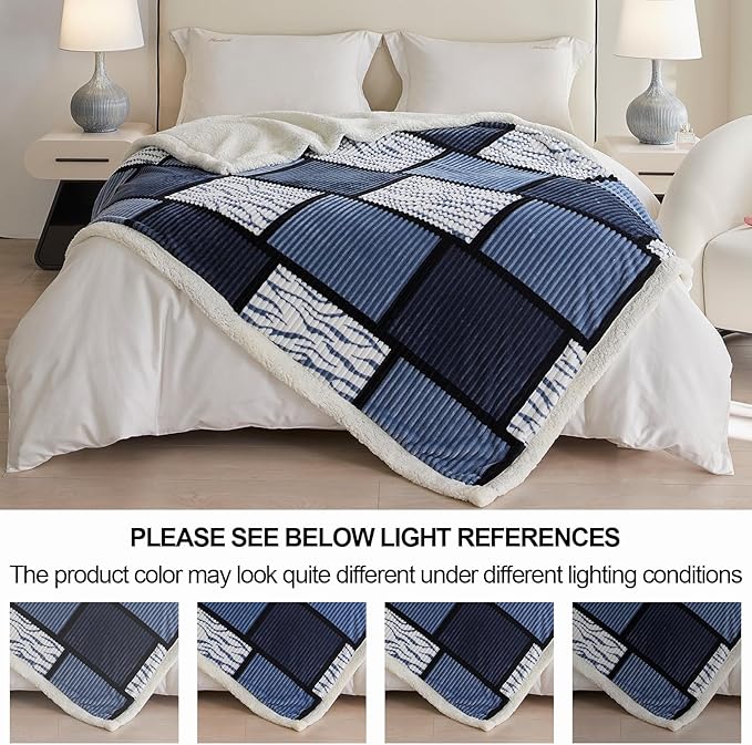 Blanket for Women, Sherpa Throw Blanket for Couch, Flannel Cozy Soft Checkered Blanket for Bed - Fleece, Black-White, 80x90 Inches