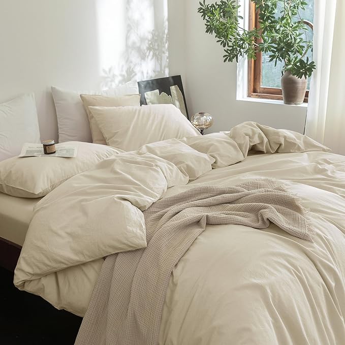 FOSSA Duvet Cover Set 100% Washed Cotton Linen Feel Super Soft Breathable Cozy 3 Pieces Bedding Sets Solid Almond Grey Oversized Queen