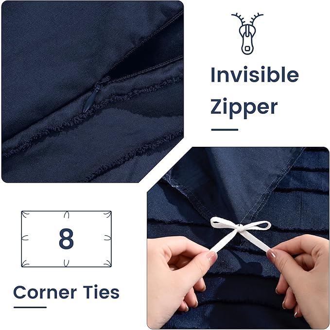 NEXHOME PRO Duvet Cover Full Size, Navy 3 Pieces Boho Tufted Duvet Cover Set, Soft and Lightweight Microfiber Comforter Cover Set for All Season (Navy Full, 80 x 90)-No Comforter