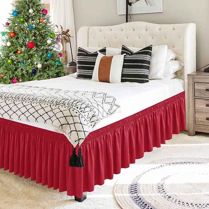 Biscaynebay Wrap Around Bed Skirts for Twin & Twin XL Beds 15" Drop, Red Adjustable Elastic Dust Ruffles Easy Fit Wrinkle & Fade Resistant Silky Luxurious Fabric Machine Washable