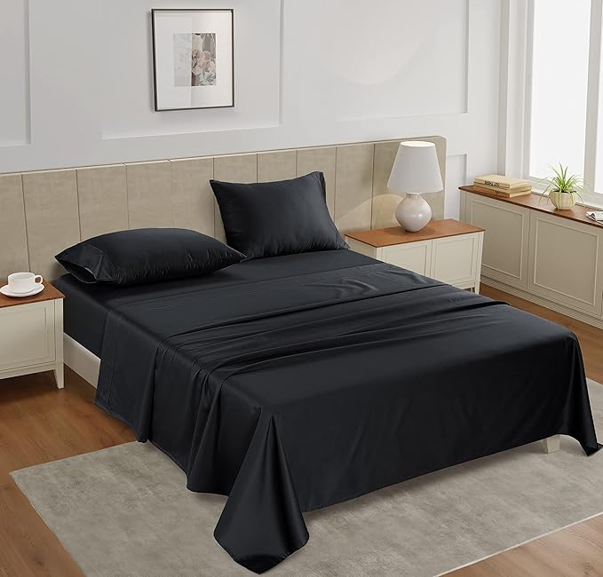 LANE LINEN Sheets for Split King Adjustable Bed – 450 Thread Count 100% Cotton, Soft & Cooling Sateen Weave, 15” Deep Pocket Fully Elasticized Fitted Sheet, Machine Washable, Black