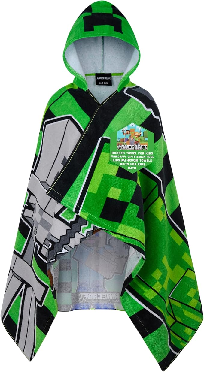 Minecraft Towelling Poncho Kids Teens Hooded Bath Towels Absorbent Beach Towel (Green/Black, 6-14 Years)