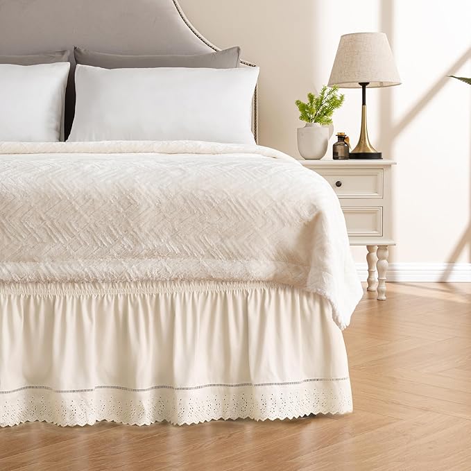 MIYE Wrap Around Ruffled Lace Bed Skirt, Elastic Dust Ruffle with Adjustable Belts, Easy to Put On, Bed Frame Cover, Machine Washable (Embroidered/Light Beige, King/Queen-18 Drop)