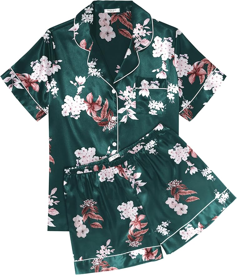 Ekouaer Pajamas for Women Set Silk Satin Pjs Shorts Sleepwear 2 Piece Loungewear S-XXL