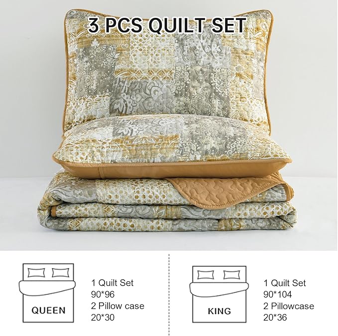 Mybedsoul Yellow Boho Quilt Set Queen Size 3 Pieces Grey and Yellow Plaid Floral Bedding Set Microfiber Lightweight Bohemian Patchwork Bedspread Coverlet Set for All Season 90"x96"