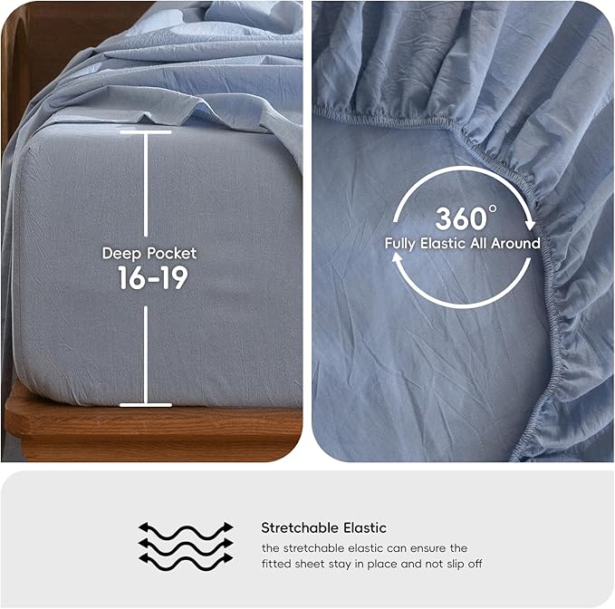 MooMee Bedding Sheet Set 100% Washed Cotton Linen Like Textured Breathable Durable Soft Comfy (Heathered Cornflower Blue, King)