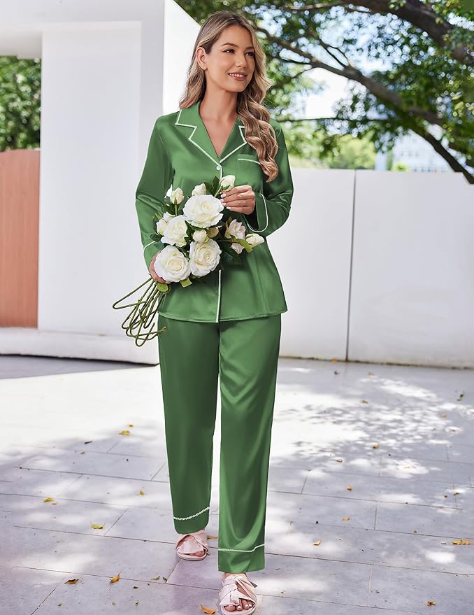 Ekouaer Satin Pajama Set for Women Silky Sleepwear Long Sleeve Top and Pants Button Down Pjs Lounge Set