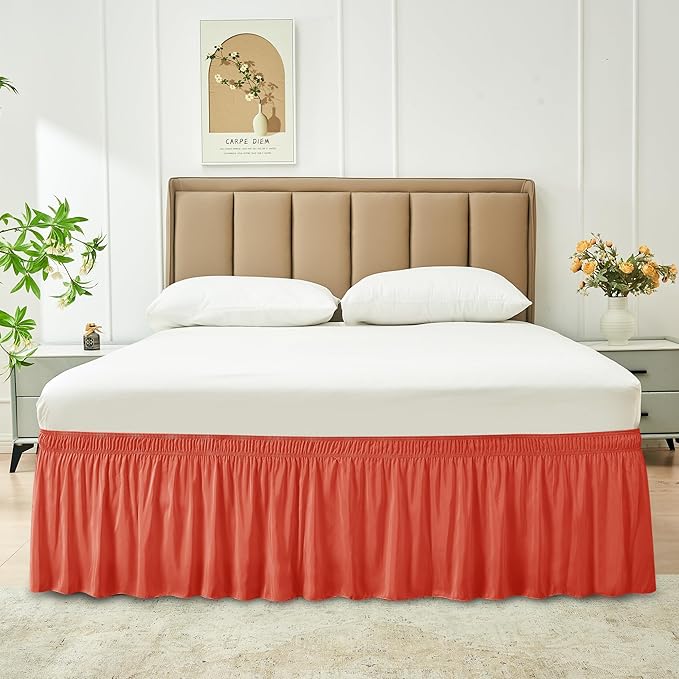 Biscaynebay Wrap Around Bed Skirts with Adjustable Belts for Twin & Twin XL Beds 15" Drop, Coral Elastic Dust Ruffles with Adjustable Belts Silky Luxrious Fabric Machine Washable