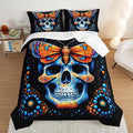 Gothic Skull Comforter Set Full Size - Blue Orange Granular Ball Butterfly Printed Bedding With 2 Pillowcases - Halloween Horror Themed for Kids