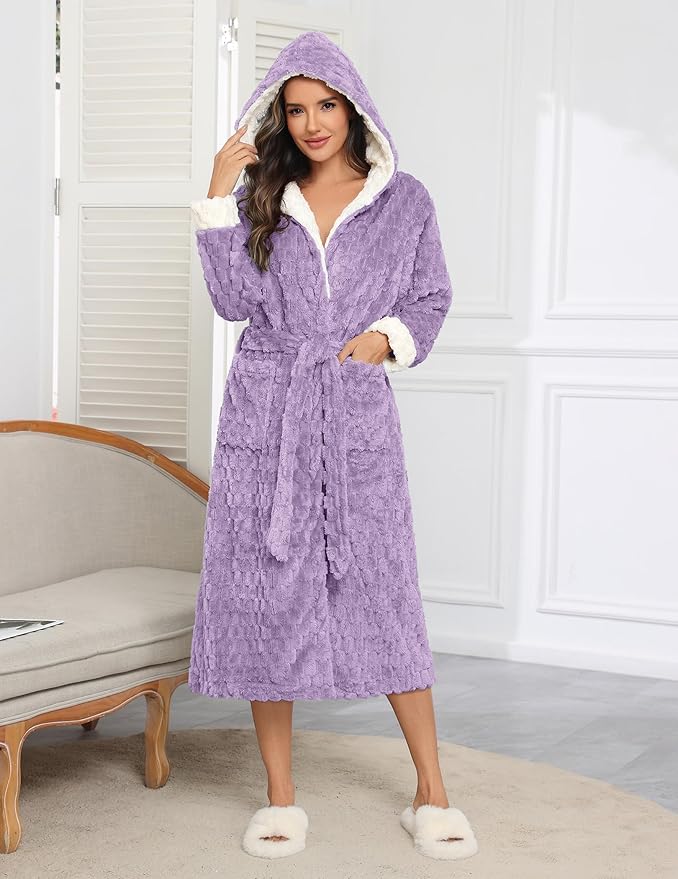Ekouaer Womens Plush Robes Long Soft Jacquard Fluffy Bathrobe Hooded Robe Sleepwear with Pockets