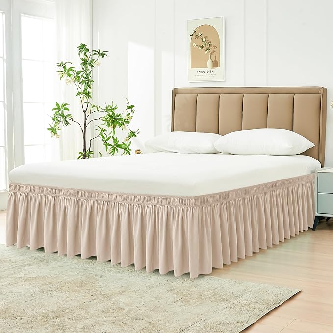 Biscaynebay Wrap Around Bed Skirts for King & Cal King Beds 16" Drop, Sand Adjustable Elastic Dust Ruffles Easy Fit Wrinkle Resistant Silky Luxurious Fabric Machine Washable