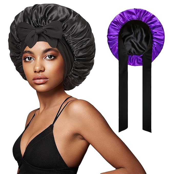 vidsel Bonnet with Tie Band, Hair Care Satin Silk Bonnet for Sleeping Women, Silky Sleep Bonnets for Women, Reversible Double Layer Sleep Cap for Curly Hair Braids
