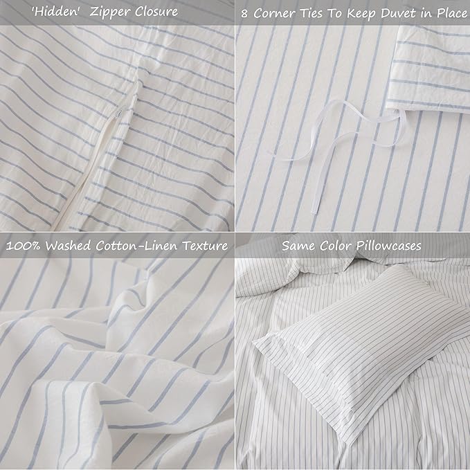 Stripe Linen Feel Duvet Cover Queen Size 90inch x 90inch,100% Washed Cotton Duvet Cover with Zipper Closure and 2 Pillowcases, Stripe of White-Cornflower Blue
