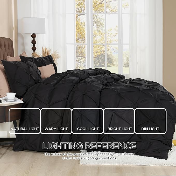 Litanika Black Oversized Queen Pinch Pleat Duvet Cover, 3 Pieces Pintuck Cover Soft Microfiber Bedding Set with Zipper Closure & Corner Ties(1 Duvet Cover, 2 Pillowcases)