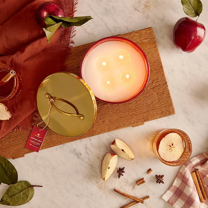 Thymes Simmered Cider Harvest Red 4-Wick Candle – Warm & Spicy Scented Candle with Notes of Freshly Pressed Apple, Clove, & Cardamom – Luxury Home Fragrance – Fall Decor – Red with Gold Lid (21 oz)