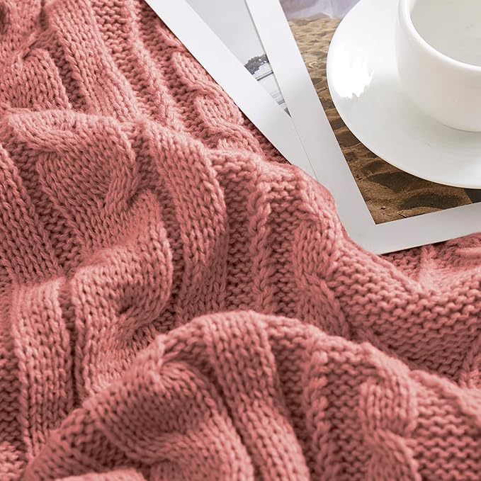 Aormenzy Dusty Pink Cable Knit Throw Blanket Oversized 60" x 80" Super Soft Comfy Knitted Blanket for Couch Bed Sofa, Twin Size