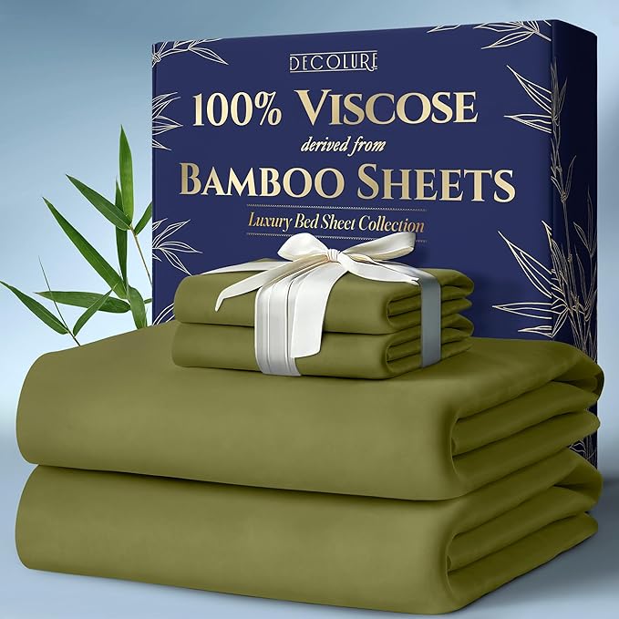 DECOLURE 100% Viscose Derived from Bamboo Sheets King Size 4pcs - Ultra Soft & Luxuriously Cooling, 17" Deep Pocket, Double Stitching, Perfect for Hot Sleepers - King Bed Sheets (Light Olive)