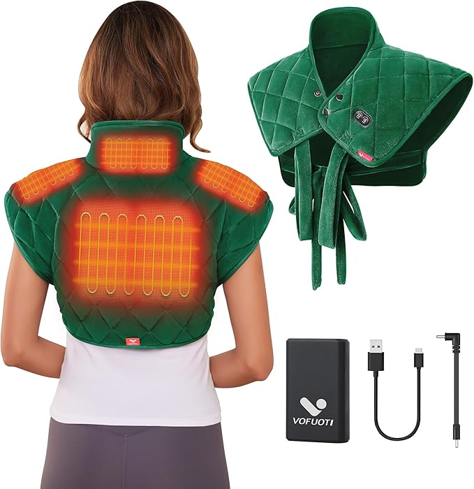 Vofuoti Heating Pad for Neck and Shoulders, Portable Cordless Heating Pad with Massager and Battery, Weighted Electric Heated Neck Shoulder Wrap, 16'' x 22'', 2.2lbs