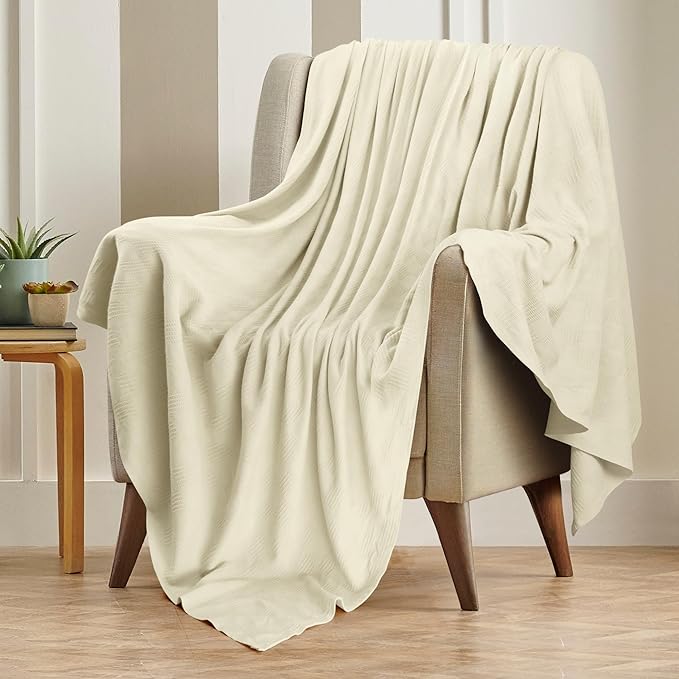 Utopia Bedding Ivory 100% Cotton Blanket [Twin Size - 90x72 Inch] 350GSM Lightweight, Soft and Breathable Thermal Blanket for All Seasons